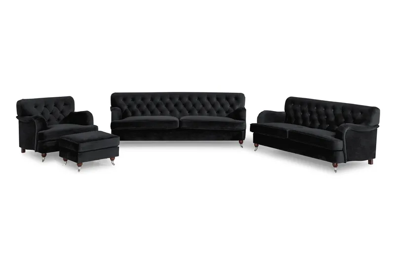 Howard Riviera Sofagruppe Svunget 3-personers + 2-personers Sofa + Lænestol + Fodskammel i Fløjl, Sort