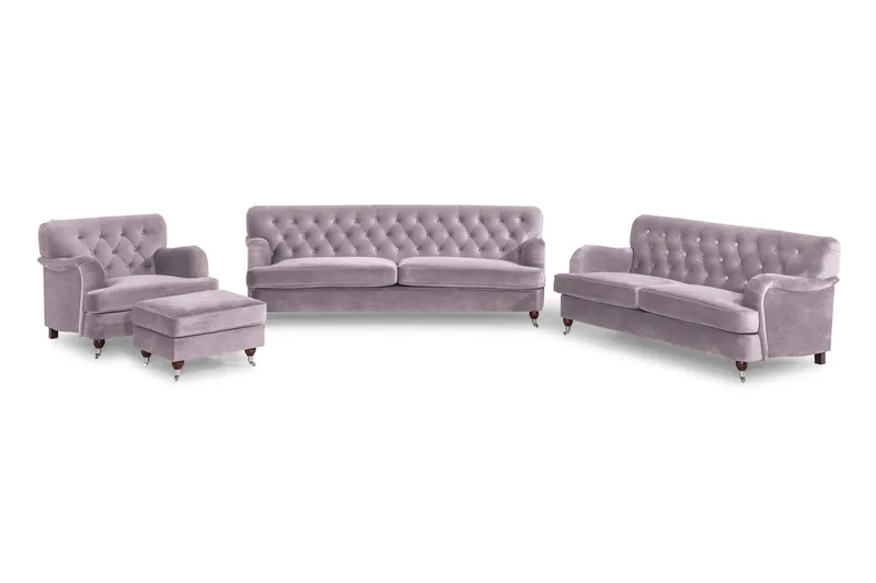 Howard Riviera Sofagruppe Svunget 3-personers + 2-personers Sofa + Lænestol + Fodskammel i Fløjl, Lilla