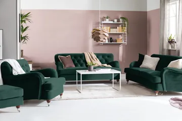 Howard Riviera Sofagruppe Svunget 3-personers + 2-personers Sofa + Lænestol + Fodskammel i Fløjl - Grøn - Møbler - Sofaer - Sofagrupper - Howard sofagruppe