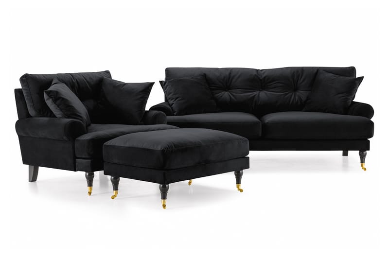 Andrew Sofagruppe 2-personers Sofa + Lænestol + Fodskammel i Fløjl - Sort - Møbler - Sofaer - Sofagrupper - Howard sofagruppe