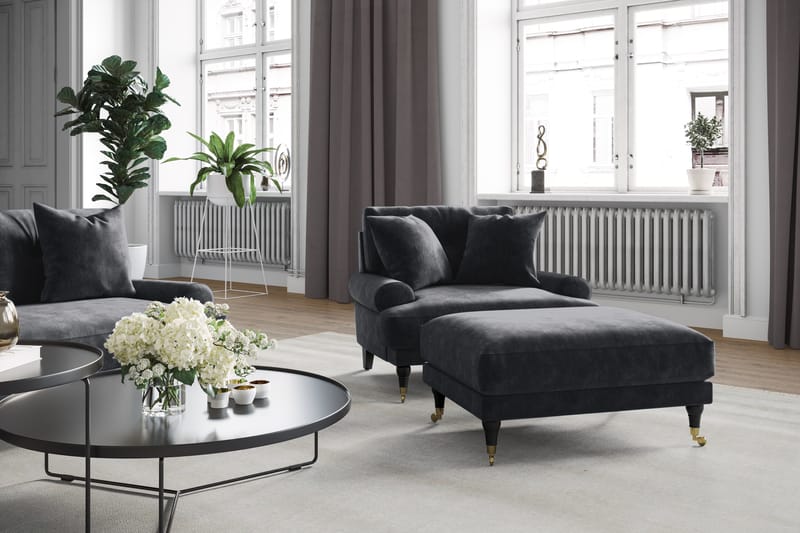 Andrew Sofagruppe 2-personers Sofa + Lænestol + Fodskammel i Fløjl - Mørkegrå - Møbler - Sofaer - Sofagrupper - Howard sofagruppe