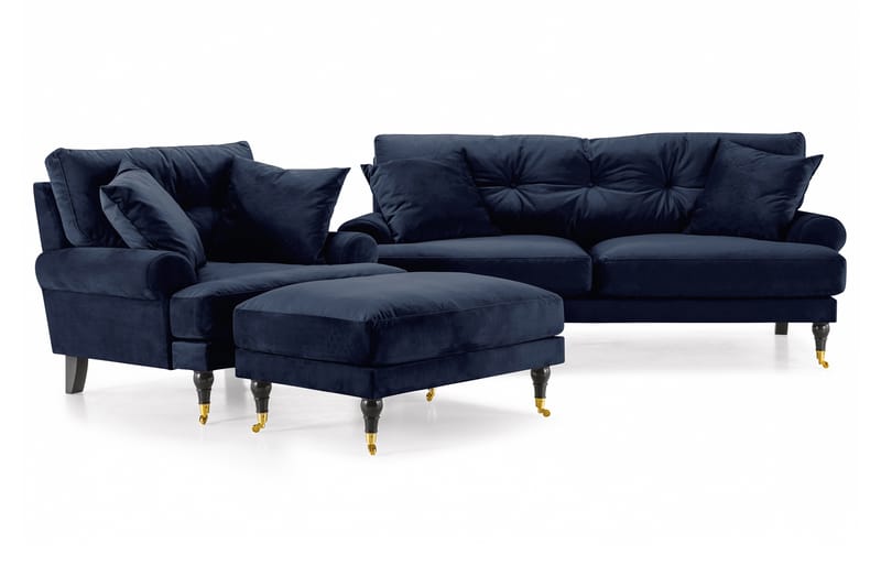 Andrew Sofagruppe 2-personers Sofa + Lænestol + Fodskammel i Fløjl - Blå - Møbler - Sofaer - Sofagrupper - Howard sofagruppe