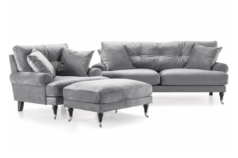 Andrew Sofagruppe 2-personers Sofa + Lænestol + Fodskammel i Fløjl - Lysegrå - Møbler - Sofaer - Sofagrupper - Howard sofagruppe
