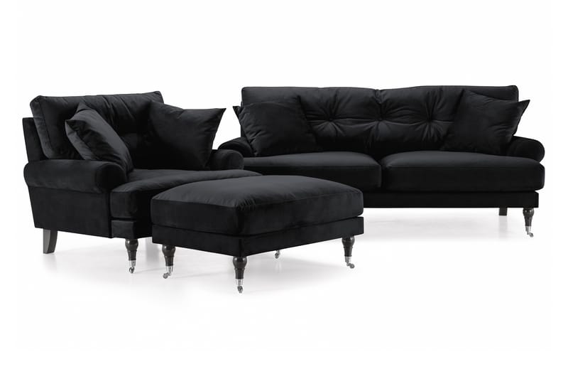 Andrew Sofagruppe 2-personers Sofa + Lænestol + Fodskammel i Fløjl - Sort - Møbler - Sofaer - Sofagrupper - Howard sofagruppe