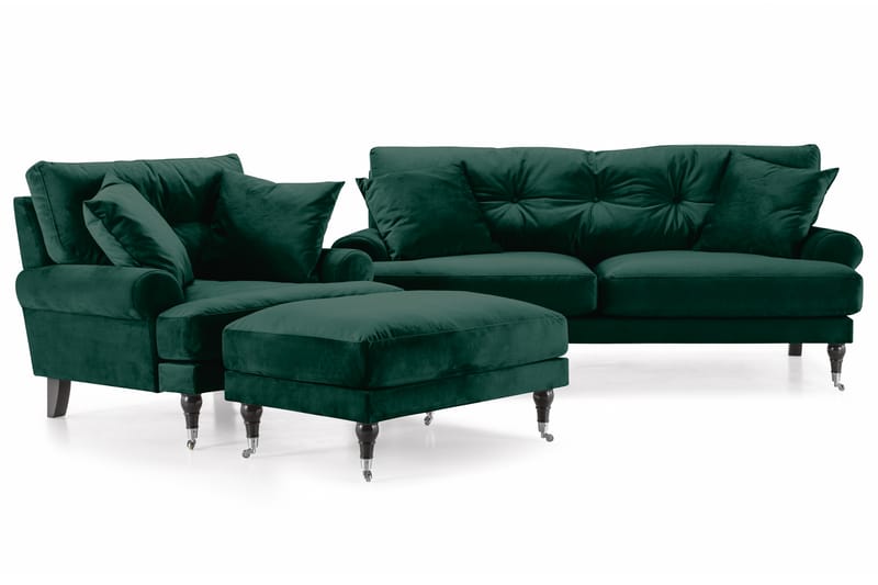 Andrew Sofagruppe 2-personers Sofa + Lænestol + Fodskammel i Fløjl - Grøn - Møbler - Sofaer - Sofagrupper - Howard sofagruppe