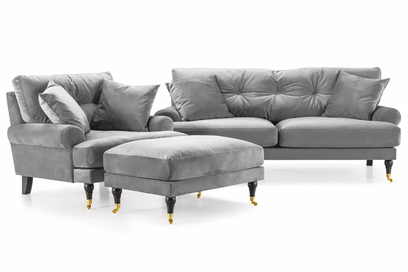 Andrew Sofagruppe 2-personers Sofa + Lænestol + Fodskammel i Fløjl - Lysegrå - Møbler - Sofaer - Sofagrupper - Howard sofagruppe