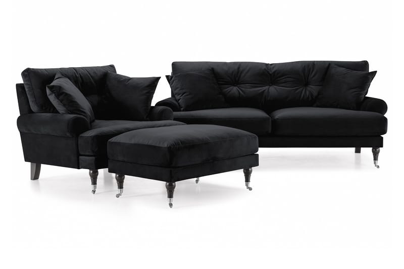 Andrew Sofagruppe 2-personers Sofa + Lænestol + Fodskammel i Fløjl, Sort