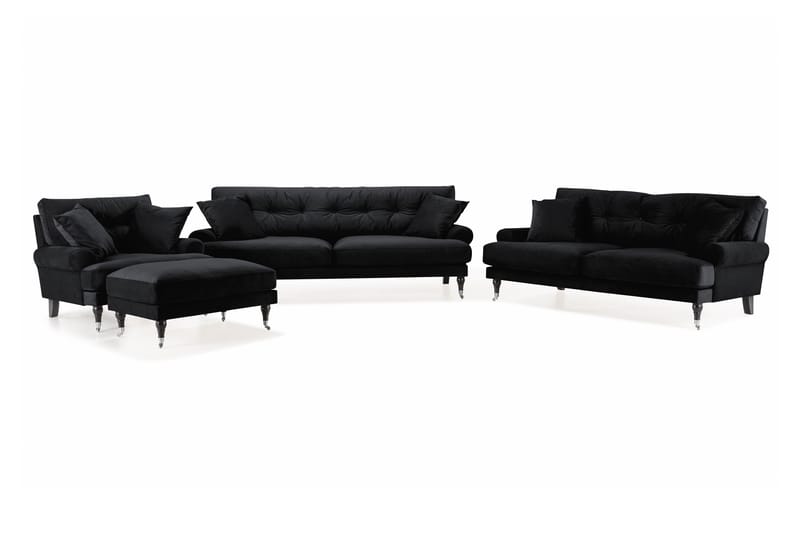 Andrew Sofagruppe 3-personers + 2-personers Sofa + Lænestol + Fodskammel i Fløjl - Sort - Møbler - Sofaer - Sofagrupper - Howard sofagruppe