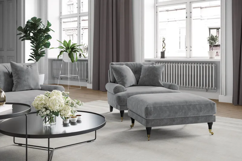 Andrew Sofagruppe 3-personers Sofa + Lænestol + Fodskammel i Fløjl - Lysegrå - Møbler - Sofaer - Sofagrupper - Howard sofagruppe