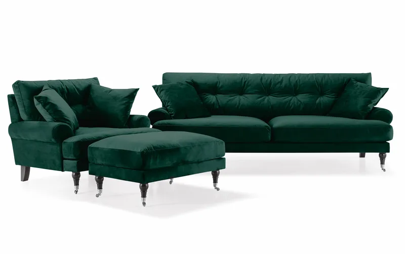 Andrew Sofagruppe 3-personers Sofa + Lænestol + Fodskammel i Fløjl, Grøn