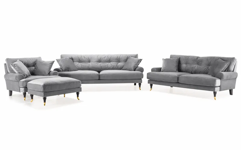 Andrew Sofagruppe 3-personers + 2-personers Sofa + Lænestol + Fodskammel i Fløjl - Lysegrå - Møbler - Sofaer - Sofagrupper - Howard sofagruppe