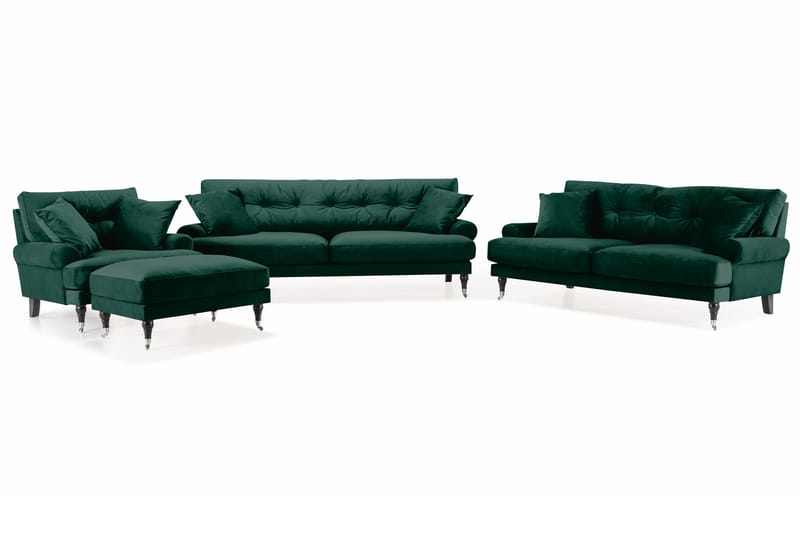 Andrew Sofagruppe 3-personers + 2-personers Sofa + Lænestol + Fodskammel i Fløjl - Grøn - Møbler - Sofaer - Sofagrupper - Howard sofagruppe