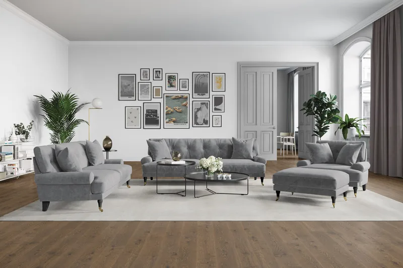 Andrew Sofagruppe 3-personers Sofa + Lænestol + Fodskammel i Fløjl - Lysegrå - Møbler - Sofaer - Sofagrupper - Howard sofagruppe