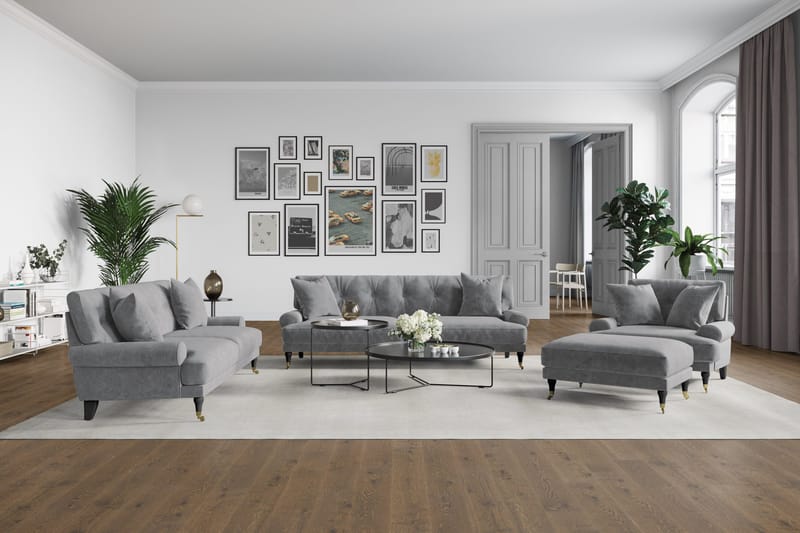 Andrew Sofagruppe 3-personers Sofa + Lænestol + Fodskammel i Fløjl - Lysegrå - Møbler - Sofaer - Sofagrupper - Howard sofagruppe