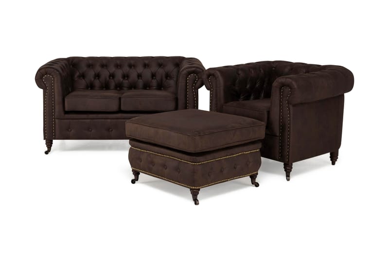 Chesterfield Deluxe Sofagruppe 2-pers+Lænestol+Puf - Mørkebrun - Howard sofagruppe