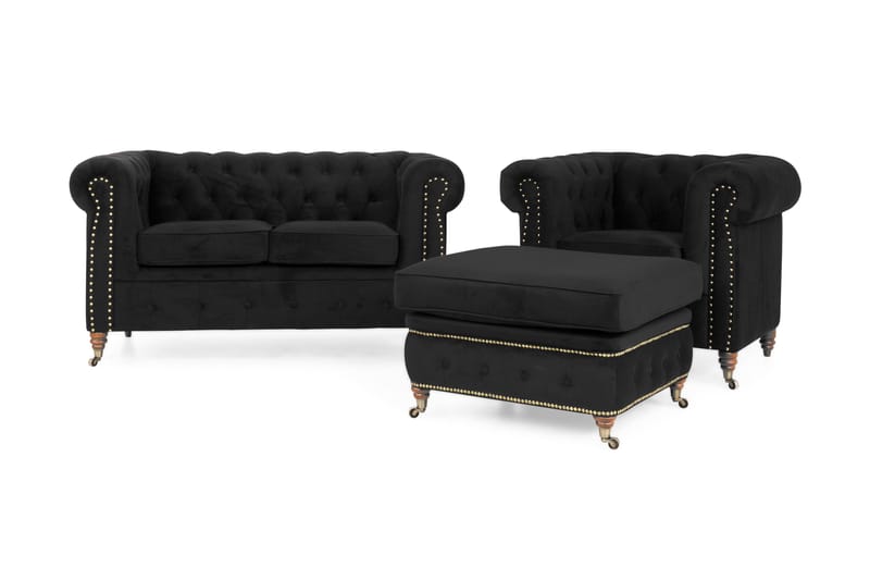 Chesterfield Deluxe Sofagruppe 2-pers+Lænestol+Puf Velour - Sort - Howard sofagruppe