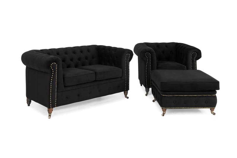 Chesterfield Deluxe Sofagruppe 2-pers+Lænestol+Puf Velour - Sort - Howard sofagruppe