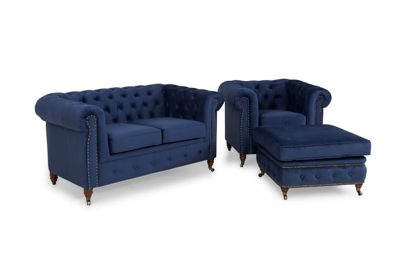 Chesterfield Deluxe Sofagruppe 2-pers+Lænestol+Puf Velour - Petrolblå - Howard sofagruppe