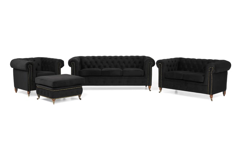 Chesterfield Deluxe Sofagruppe 3+2+Lænestol+Puf Velour - Sort - Howard sofagruppe