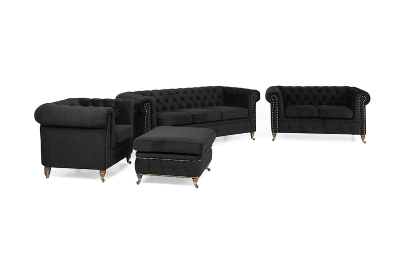 Chesterfield Deluxe Sofagruppe 3+2+Lænestol+Puf Velour - Sort - Howard sofagruppe