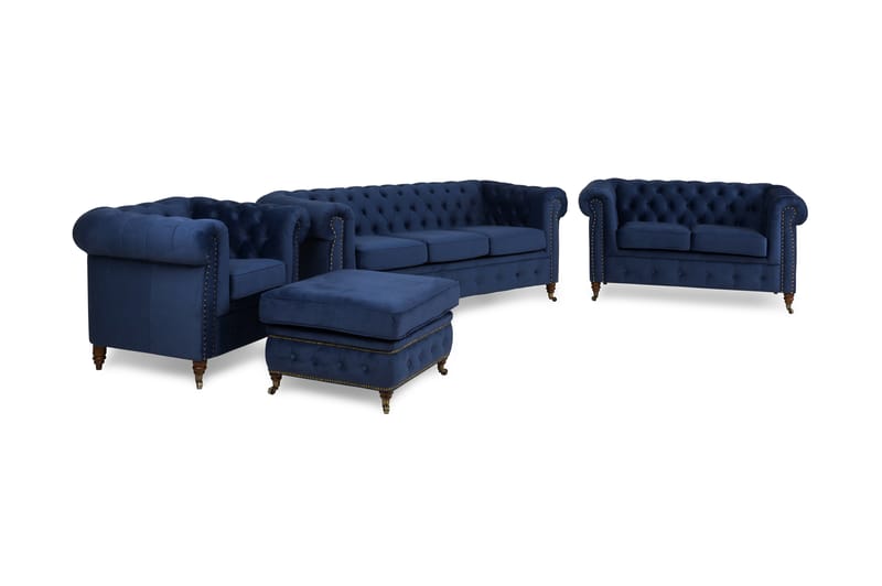 Chesterfield Deluxe Sofagruppe 3+2+Lænestol+Puf Velour - Petrolblå - Howard sofagruppe