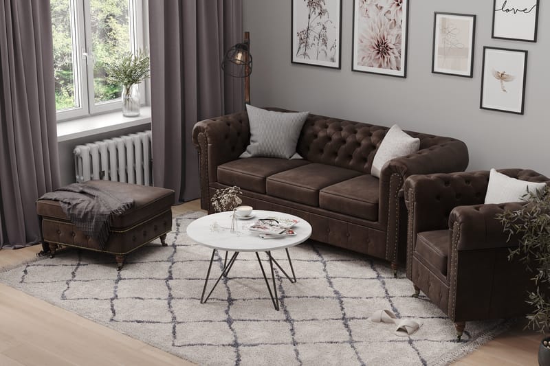 Chesterfield Deluxe Sofagruppe 3-Pers.+2-Pers.+Lænestol+Puf - Mørkebrun - Howard sofagruppe