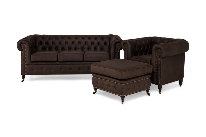 Chesterfield Deluxe Sofagruppe 3-pers+Lænestol+Puf - Mørkebrun - Howard sofagruppe