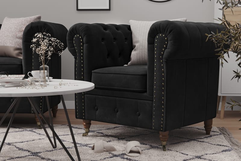Chesterfield Deluxe Sofagruppe 3-pers+2-pers Velour - Sort - Møbler - Sofaer - Sofagrupper - Howard sofagruppe
