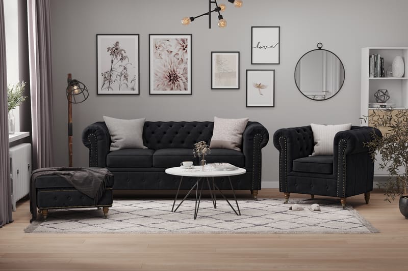 Chesterfield Deluxe Sofagruppe 3-pers+2-pers Velour - Sort - Møbler - Sofaer - Sofagrupper - Howard sofagruppe