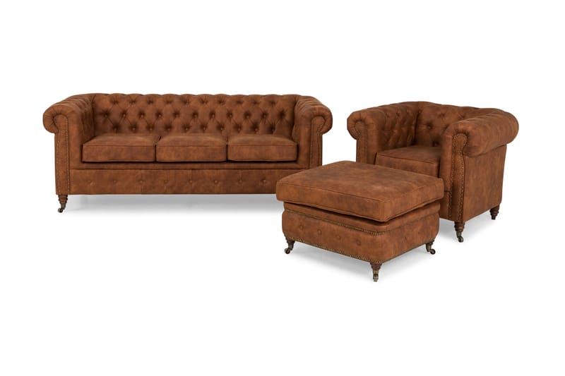 Chesterfield Deluxe Sofagruppe 3-pers+Lænestol+Puf - Cognac - Howard sofagruppe