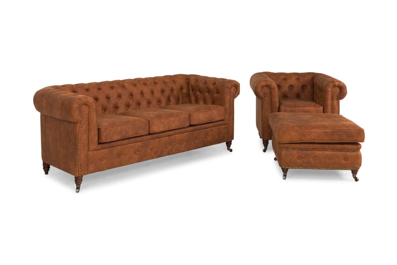 Chesterfield Deluxe Sofagruppe 3-pers+Lænestol+Puf - Cognac - Howard sofagruppe