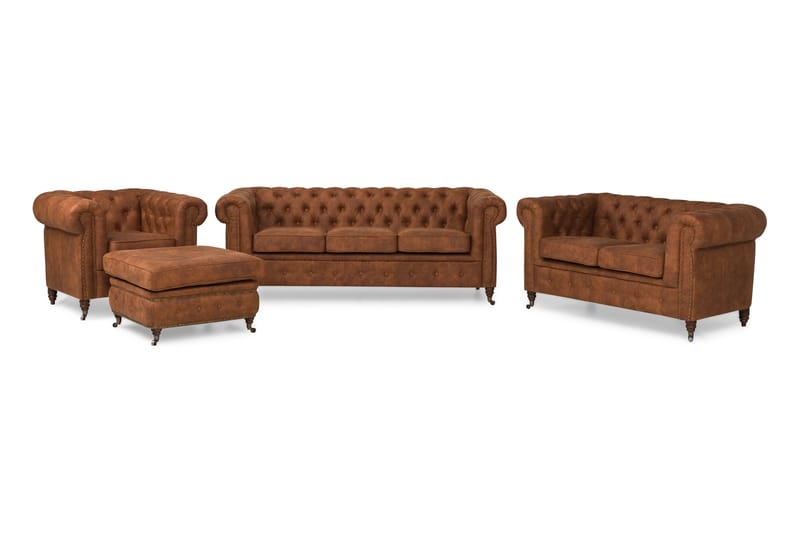 Chesterfield Deluxe Sofagruppe 3-pers+2-pers+Lænestol+Puf - Cognac - Howard sofagruppe