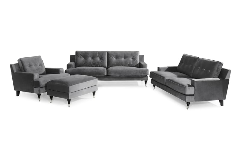 Dalby Sofagruppe 2-personers+3-personers+Lænestol+Puf Velour - Mørkegrå - Howard sofagruppe