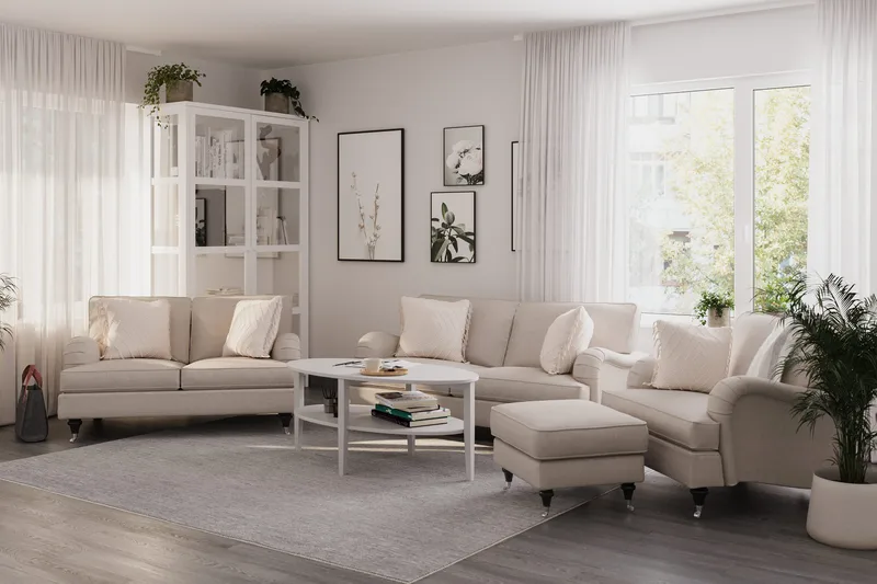 Howard Classic Sofagruppe 2-personers + Lille 2-personers Sofa + Lænestol + Fodskammel i Stof - Beige - Møbler - Sofaer - Sofagrupper - Howard sofagruppe
