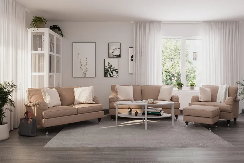 Howard Classic Sofagruppe 2-personers + Lille 2-personers Sofa + Lænestol + Fodskammel i Stof - Mørkebege - Møbler - Sofaer - Sofagrupper - Howard sofagruppe