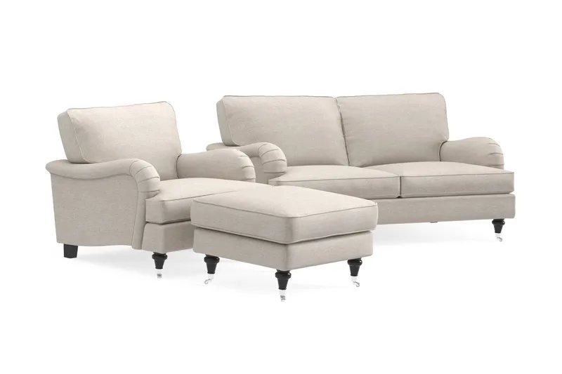 Howard Classic Sofagruppe 2-personers Sofa + Lænestol + Fodskammel i Stof - Beige - Møbler - Sofaer - Sofagrupper - Howard sofagruppe
