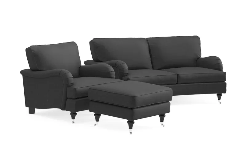 Howard Classic Sofagruppe 2-personers Svunget Sofa + Lænestol + Fodskammel i Stof - Mørkegrå - Møbler - Sofaer - Sofagrupper - Howard sofagruppe