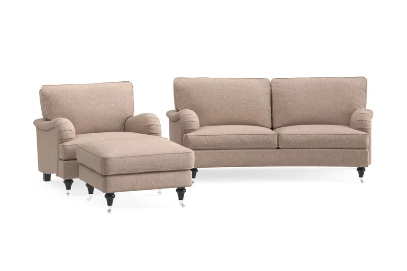 Howard Classic Sofagruppe 2-personers Svunget Sofa + Lænestol + Fodskammel i Stof, Mørkebege