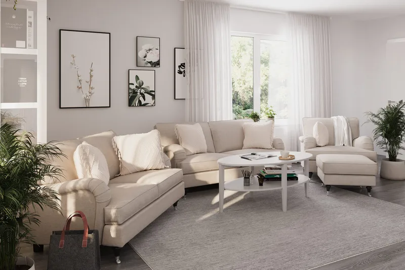 Howard Classic Sofagruppe 2-personers + Lille 2-personers Sofa + Lænestol + Fodskammel i Stof - Beige - Møbler - Sofaer - Sofagrupper - Howard sofagruppe