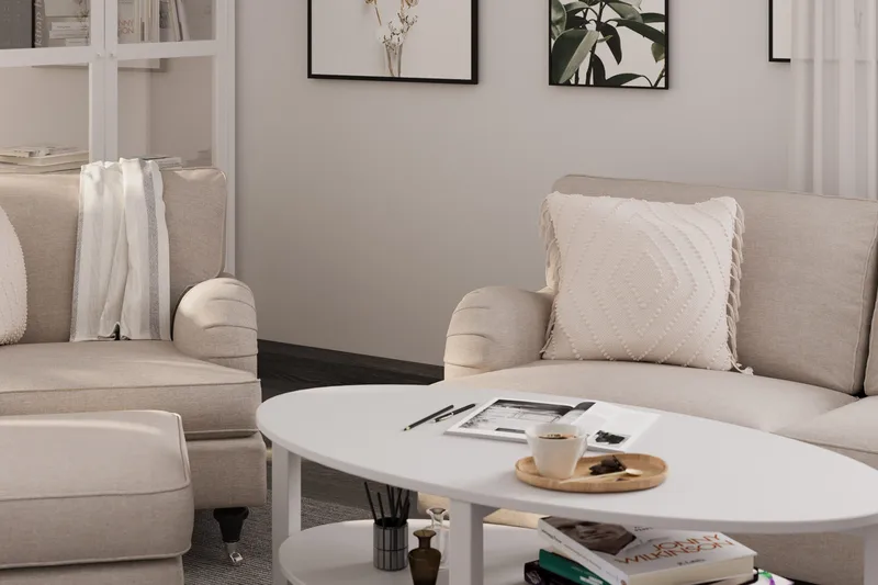 Howard Classic Sofagruppe 2-personers Svunget Sofa + Lænestol + Fodskammel i Stof - Beige - Møbler - Sofaer - Sofagrupper - Howard sofagruppe