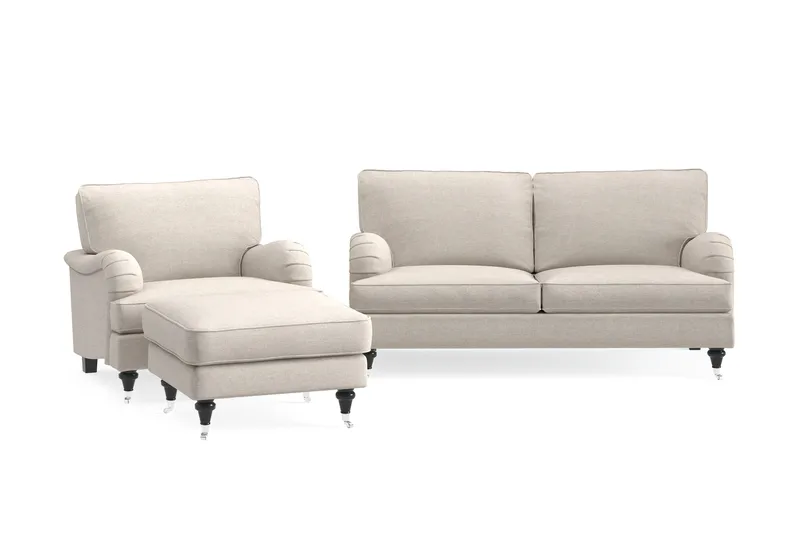 Howard Classic Sofagruppe 2-personers Sofa + Lænestol + Fodskammel i Stof, Beige
