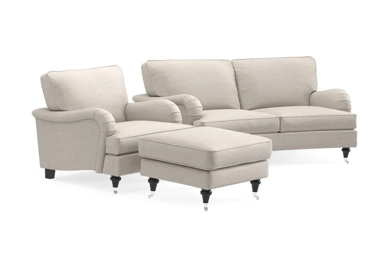 Howard Classic Sofagruppe 2-personers Svunget Sofa + Lænestol + Fodskammel i Stof - Beige - Møbler - Sofaer - Sofagrupper - Howard sofagruppe