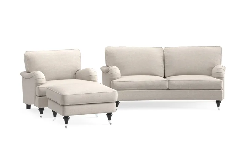 Howard Classic Sofagruppe 2-personers Svunget Sofa + Lænestol + Fodskammel i Stof, Beige