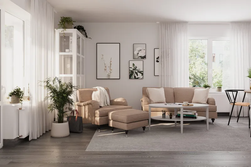Howard Classic Sofagruppe 2-personers Sofa + Lænestol + Fodskammel i Stof - Mørkebege - Møbler - Sofaer - Sofagrupper - Howard sofagruppe