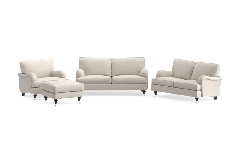 Howard Classic Sofagruppe 2-personers + Lille 2-personers Sofa + Lænestol + Fodskammel i Stof, Beige