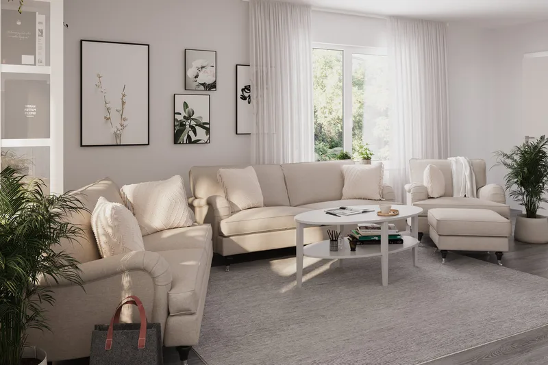 Howard Classic Sofagruppe 3-personers + 2-personers Sofa + Lænestol + Fodskammel i Stof - Beige - Møbler - Sofaer - Sofagrupper - Howard sofagruppe