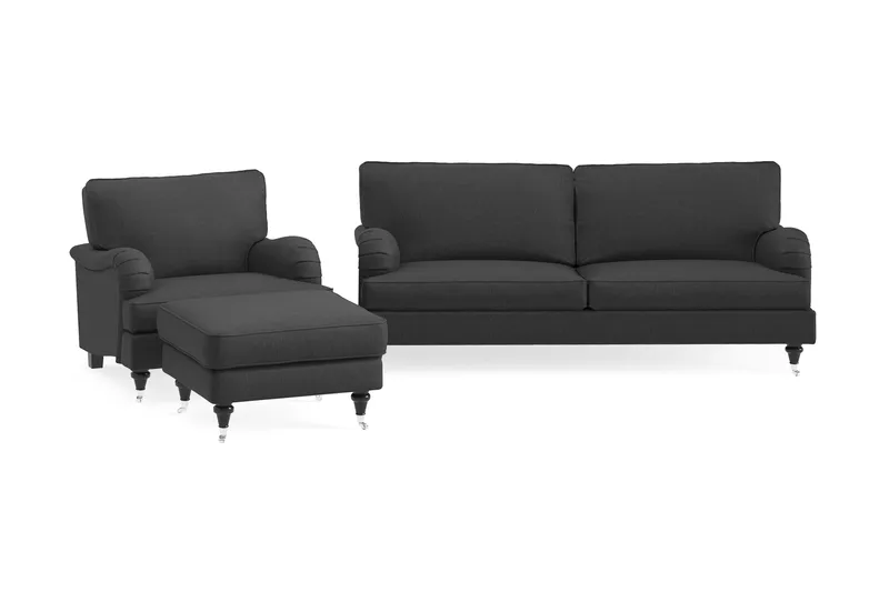 Howard Classic Sofagruppe 3-personers Sofa + Lænestol + Fodskammel i Stof, Mørkegrå