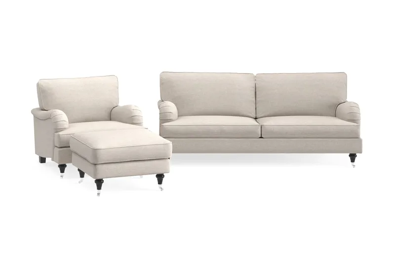 Howard Classic Sofagruppe 3-personers Sofa + Lænestol + Fodskammel i Stof, Beige