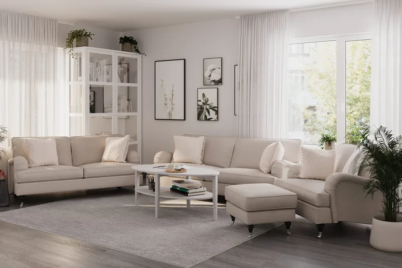 Howard Classic Sofagruppe 3-personers + 2-personers Sofa + Lænestol + Fodskammel i Stof - Beige - Møbler - Sofaer - Sofagrupper - Howard sofagruppe