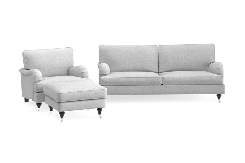Howard Classic Sofagruppe 3-personers Sofa + Lænestol + Fodskammel i Stof, Grå